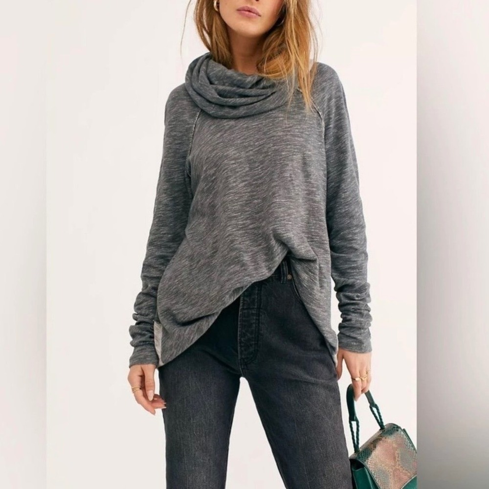 Free People Beach Size M/L Cocoon Cowl Neck Pullover Top Heather‎ Grey Charcoal
